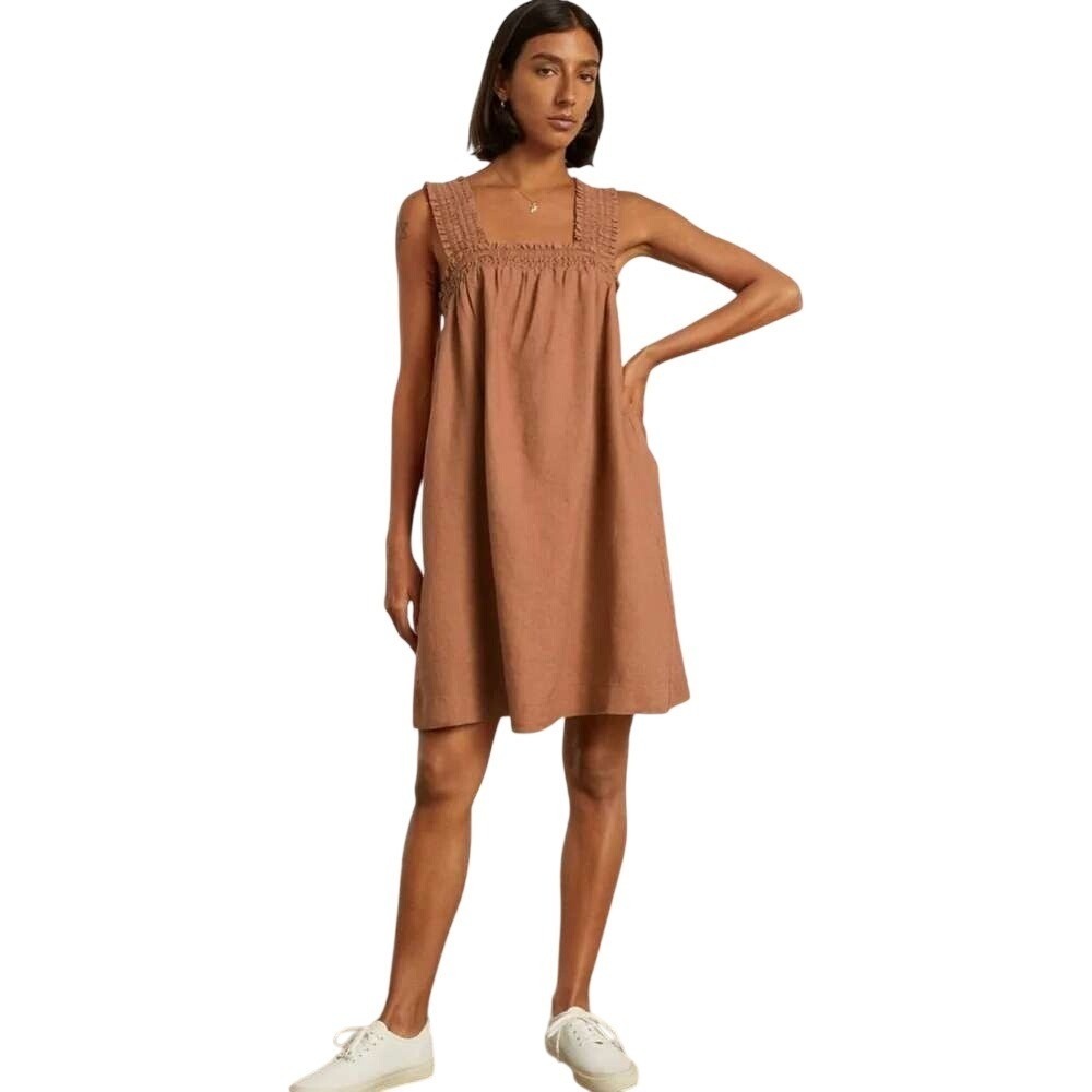 Everlane Women's The Smocked Linen Dress Sleeveless Oversized Tawny Brown Size L